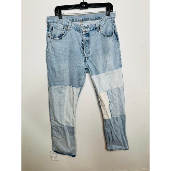 Levi's 501 Blue 100% Cotton Denim Patchwork Freehand Folk Jeans Size W 32 L 30 - Picture 4 of 16